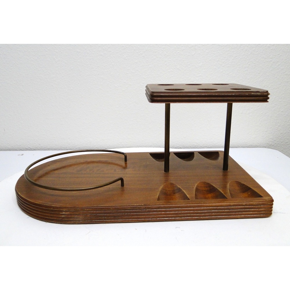 Vintage Decatur Industries Wooden 6 Pipe Stand Holder with Humidor Jar Rail